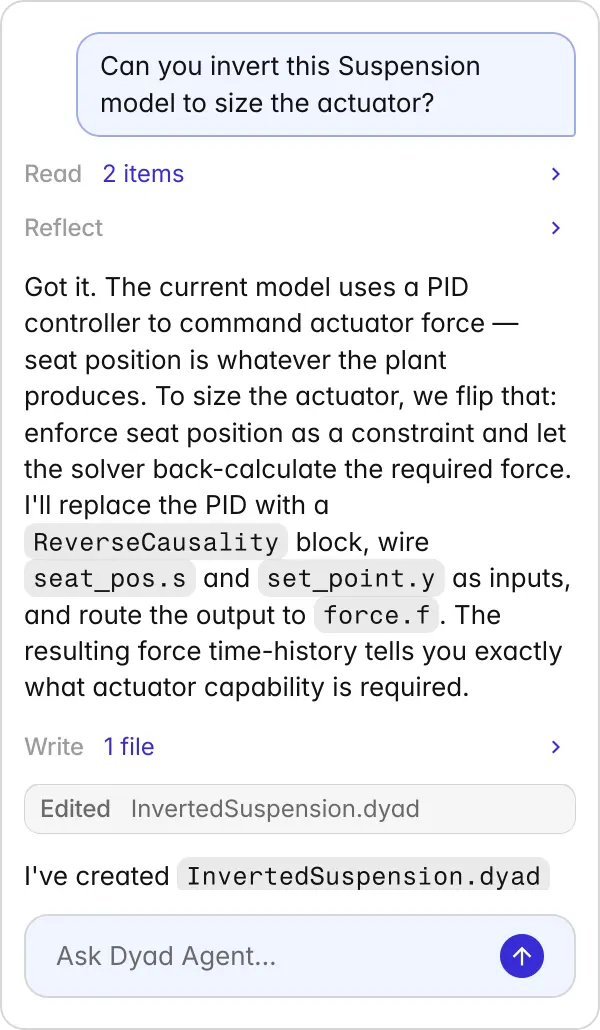 Dyad Agent iterating on Suspension Model