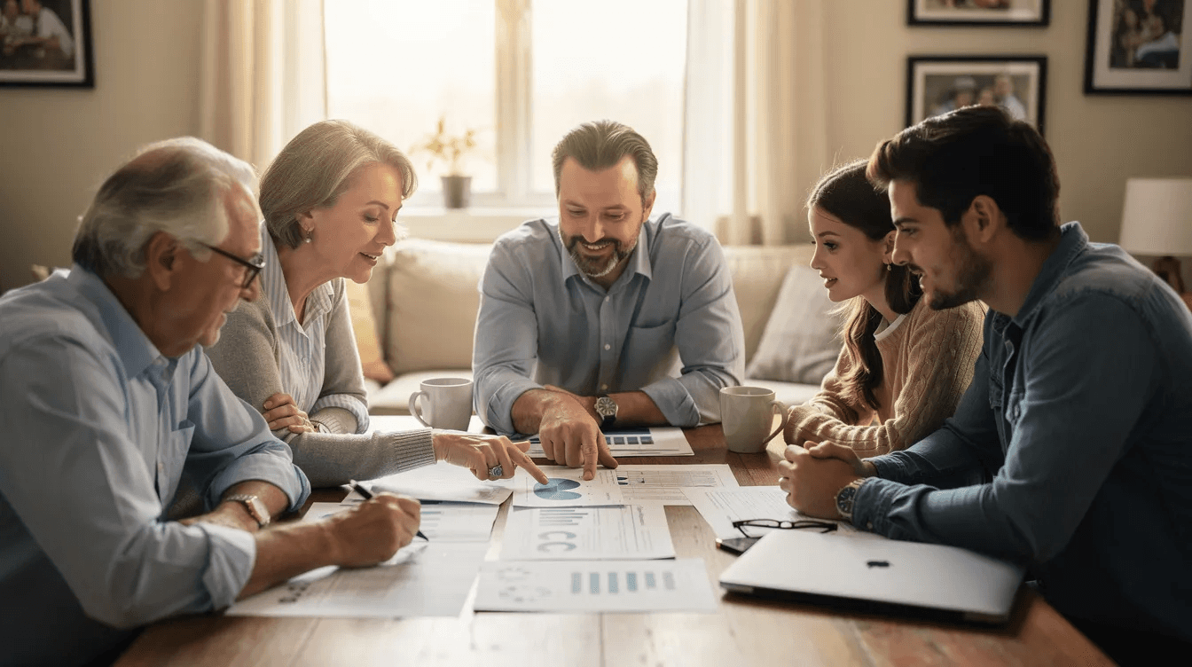 A family is gathered around a table, engaged in a discussion about important documents related to their financial future, emphasizing the importance of financial education and creating generational wealth. They appear to be strategizing on estate planning and investment accounts to ensure a lasting legacy for future generations.