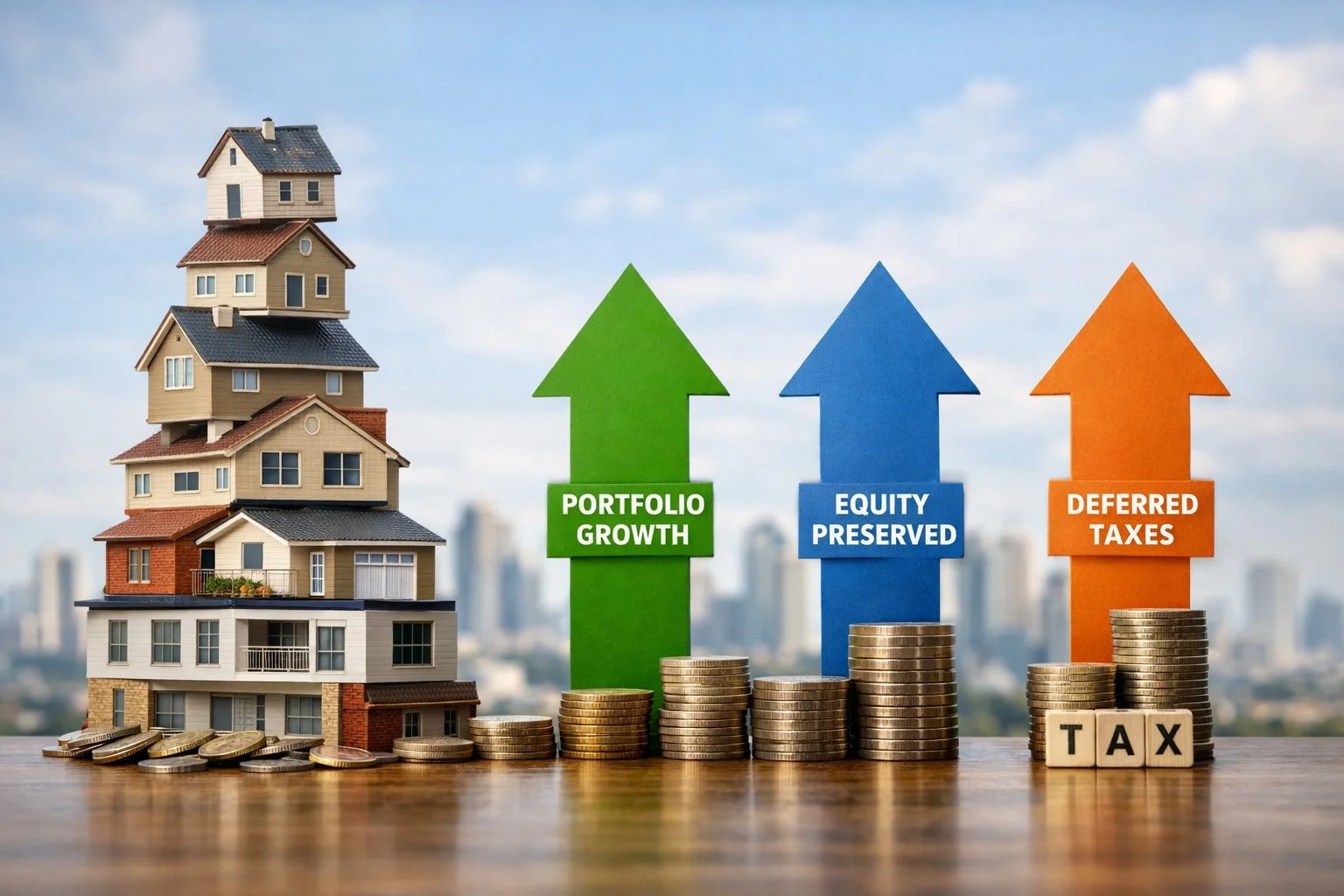 Stack of properties with upward-trending arrows, illustrating portfolio growth, preserved equity, and deferred taxes.