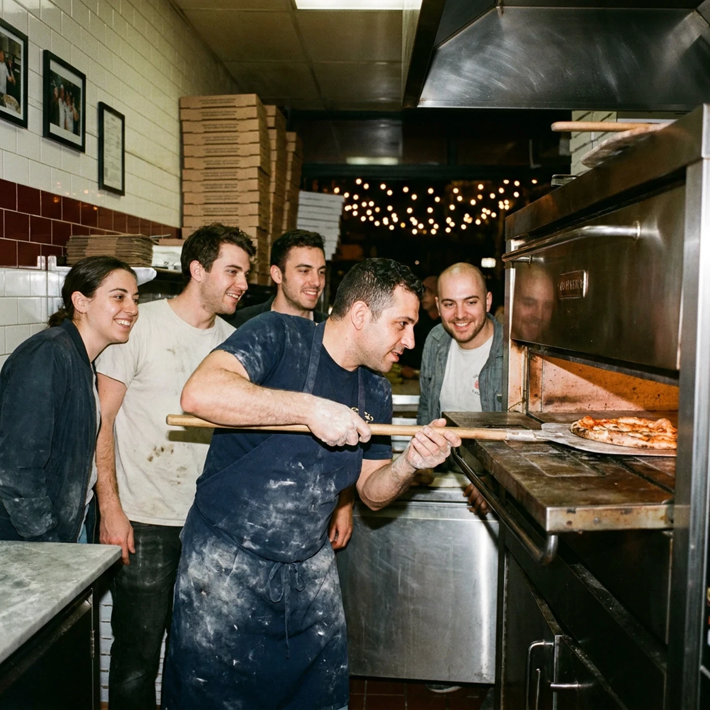 A pizzaiolo sliding a pizza into the deck oven while the crew watches