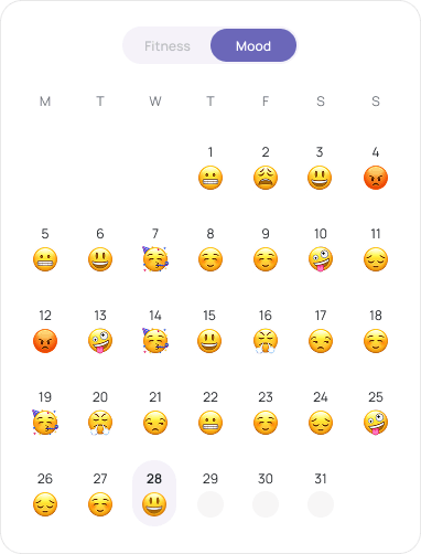 Monthly mood calendar featuring emojis on each day representing the user's mood that day