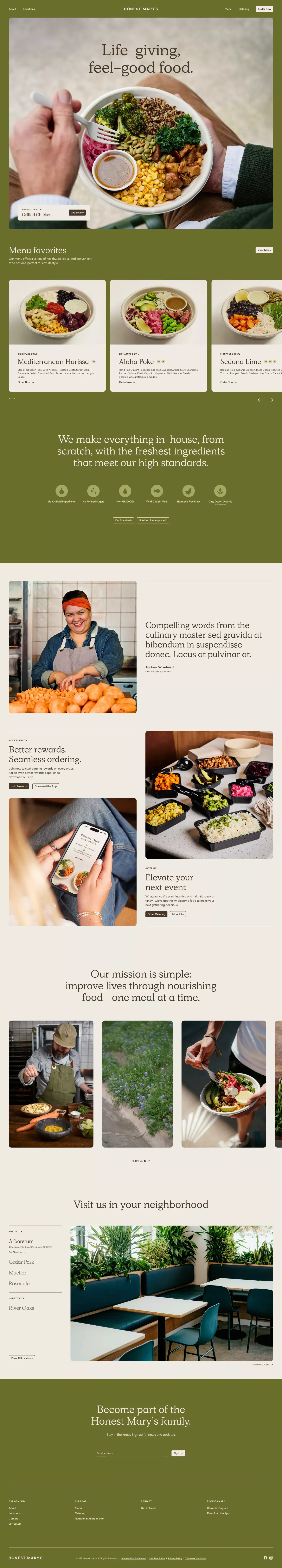 Honest Mary's landing page screenshot showcasing Food & Drinks design