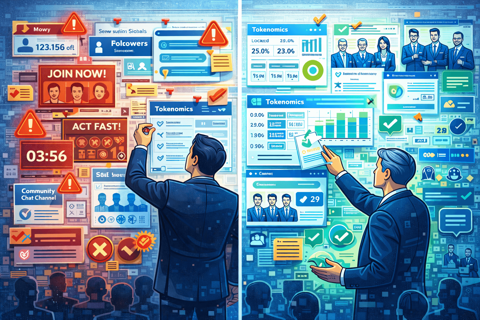 Visual comparing fake authority tactics to real trust-building that creates lasting user loyalty.