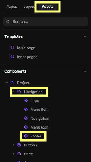 Finding the Tilanium Footer component in Assets