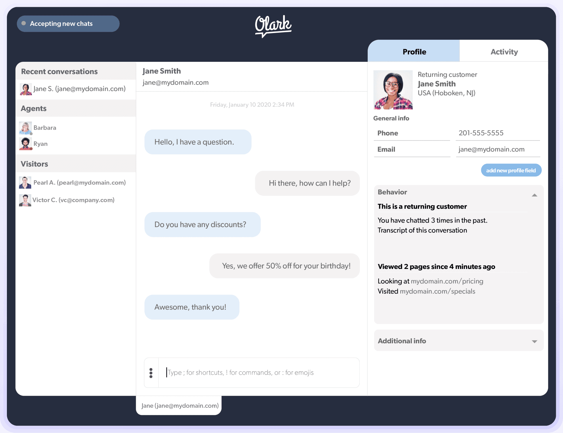 Olark live chat dashboard showing conversations and customer profile