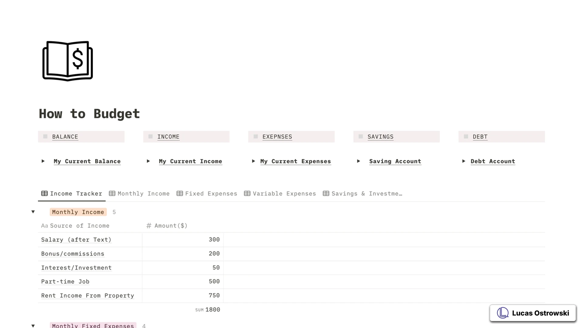 How to Budget Notion template displaying organized financial sections including Balance, Income, Expenses, Savings, and Debt tracking. Shows detailed monthly income breakdown with multiple revenue streams in a clean, minimalist interface