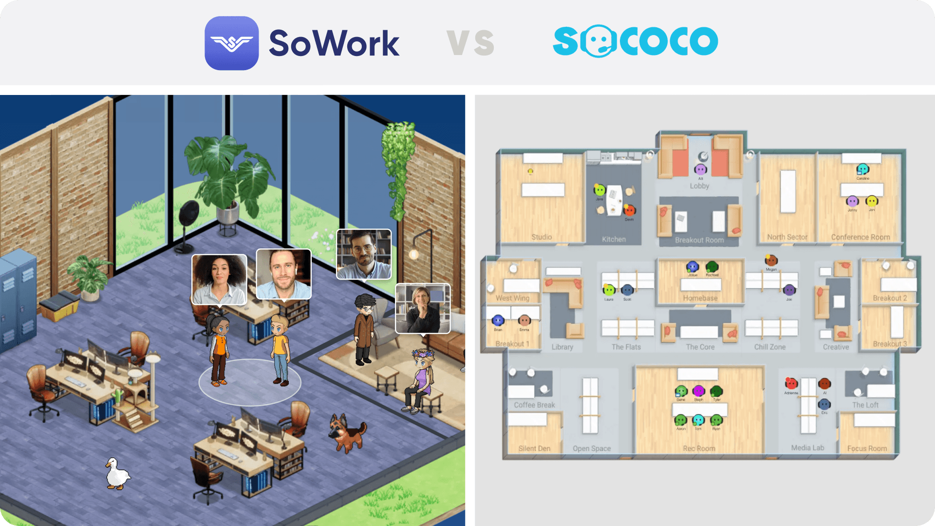 Side-by-side visual comparison of SoWork’s immersive 2.5D virtual office versus Sococo’s top-down 2D floor plan for remote team collaboration.