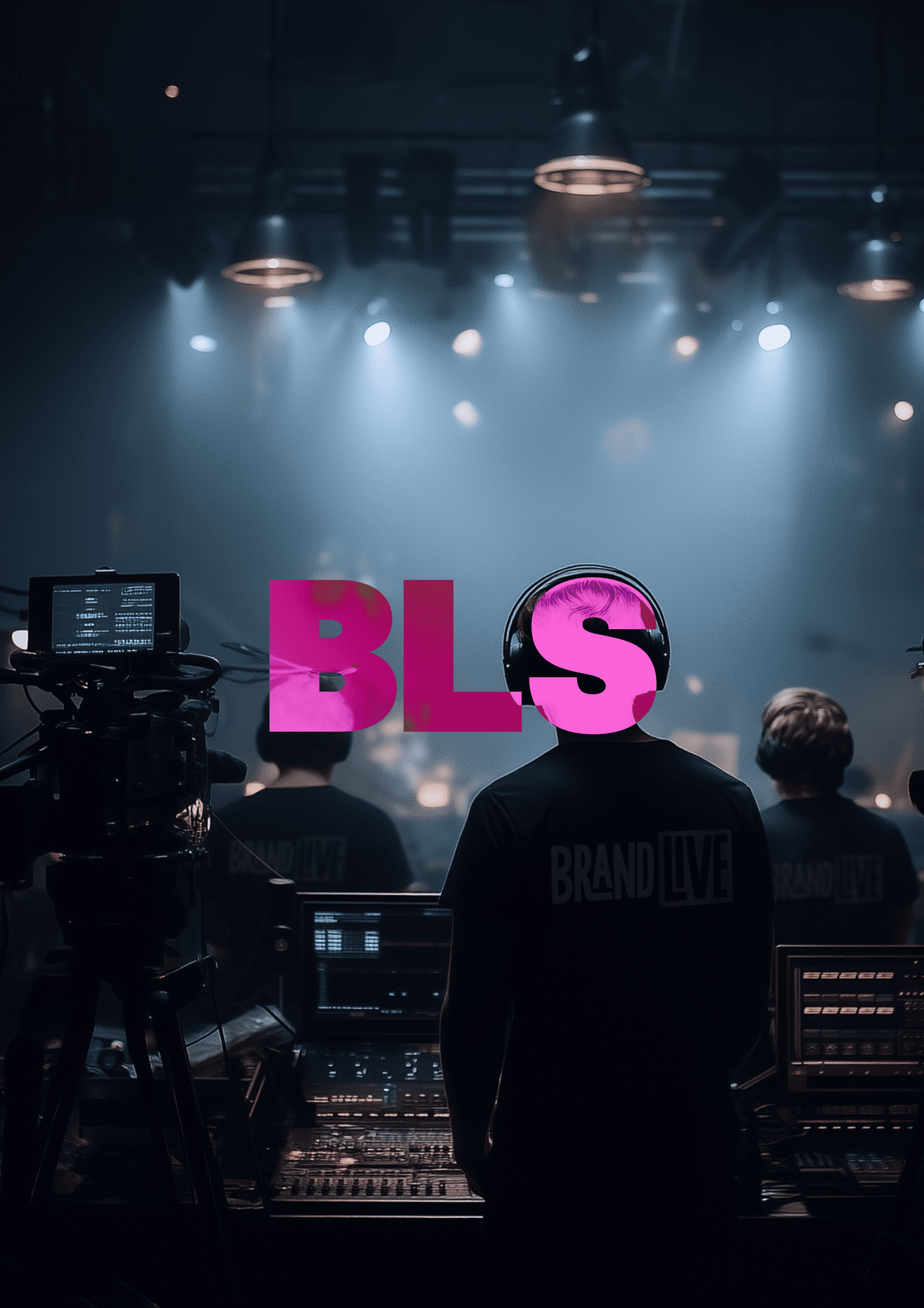 Brandlive crew members at a production console facing a dramatically lit stage, BLS logo in pink overlaid on the scene