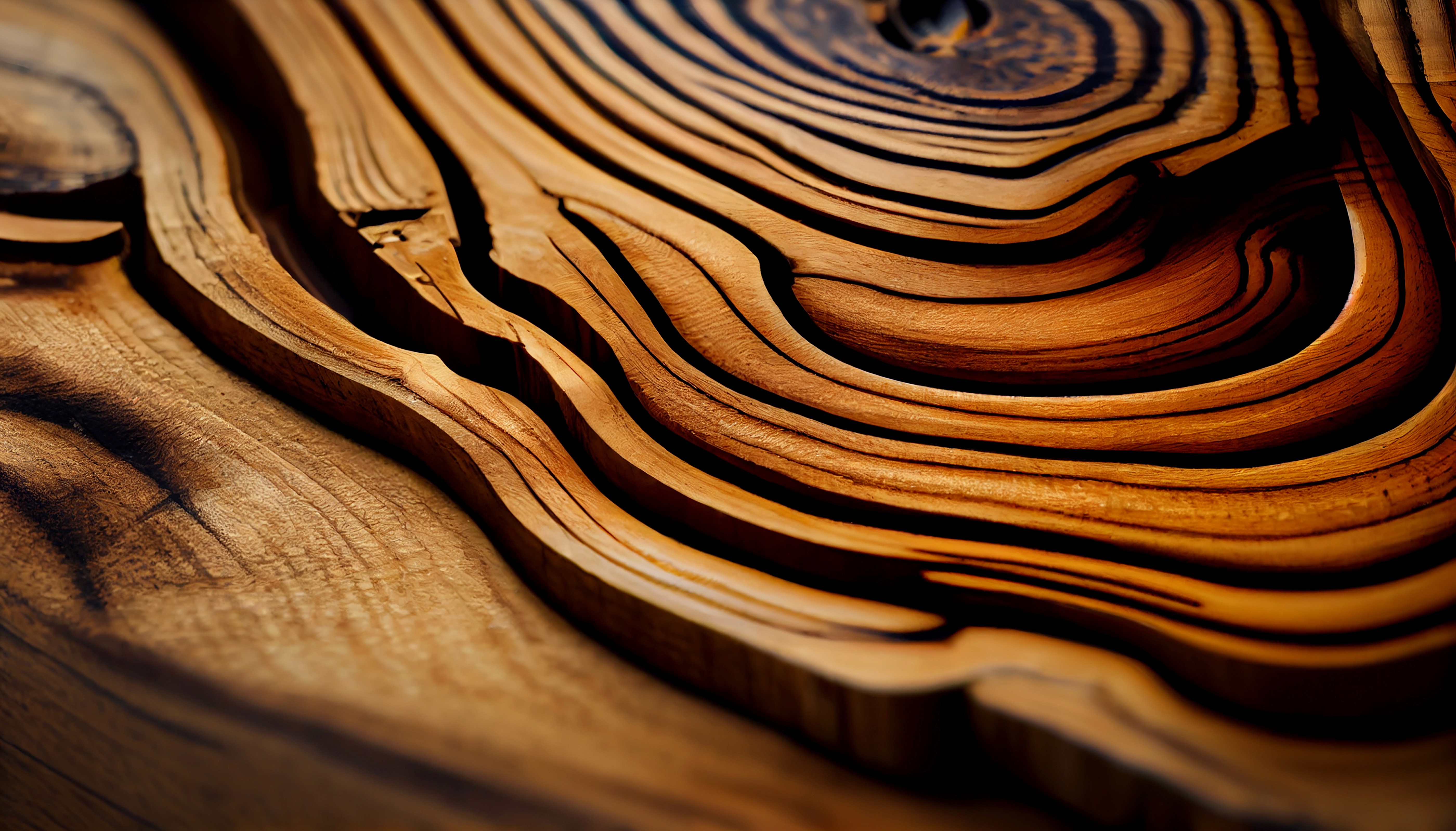 Close-up of polished wooden surface showing intricate, swirling grain patterns and rich, warm tones.