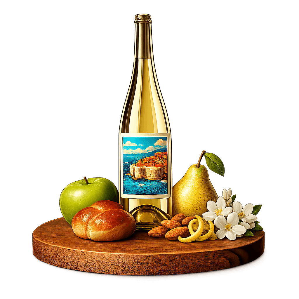 Artistic label and flavor profile for Croatian Sparkling Wine on a rustic wooden table.