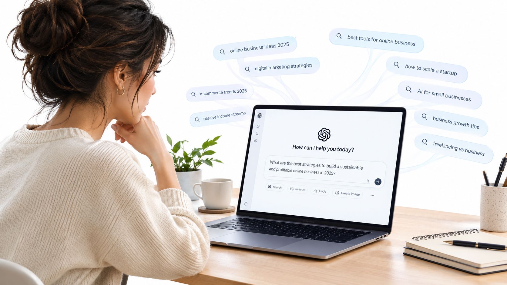 A young woman sits at a wooden desk, using a laptop with AI-generated search topics floating above.