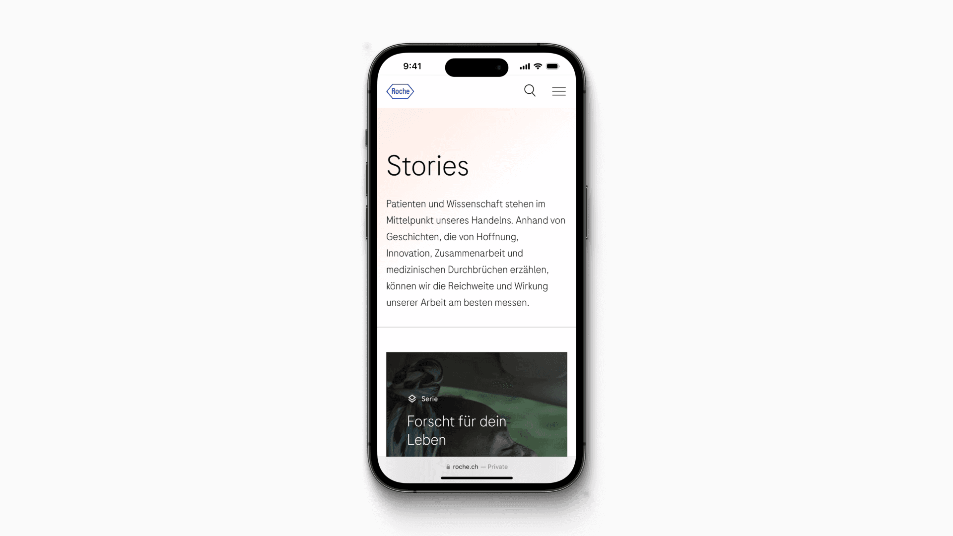 Stories section screen on the Roche corporate website - mobile view