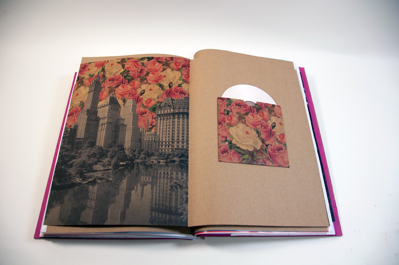 an opened book with an illustration of buildings over a park