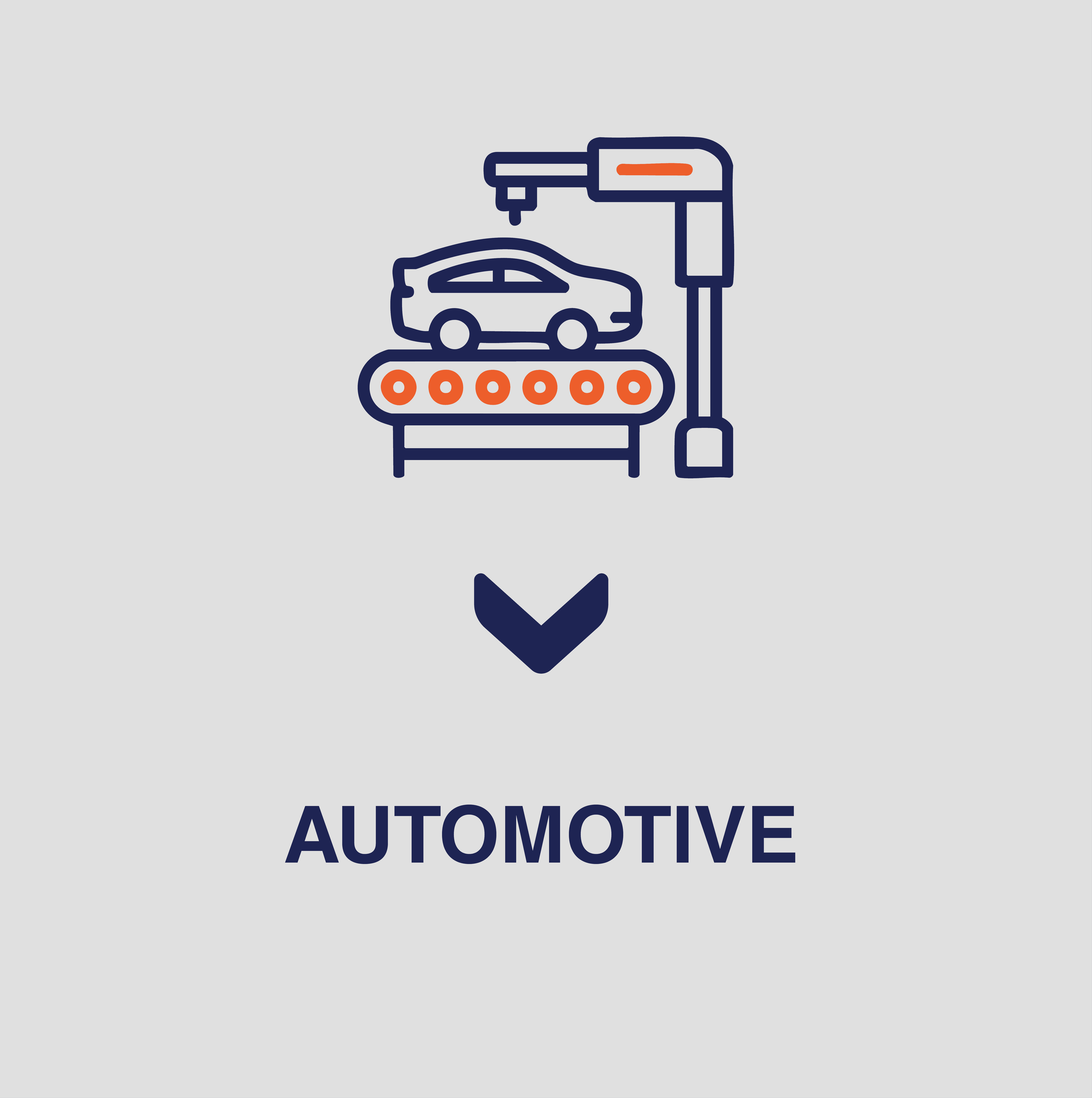 icon of a car on a production line with manchinary around it in blue on a white background and blue text saying automotive