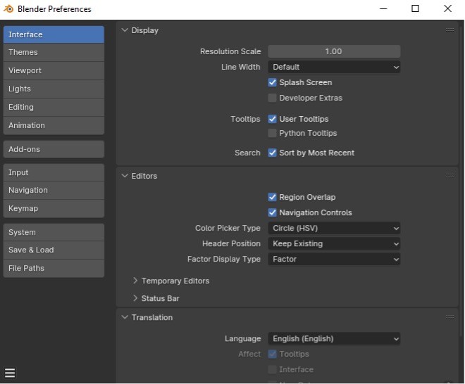 the interface controls under preference settings on Blender 3D