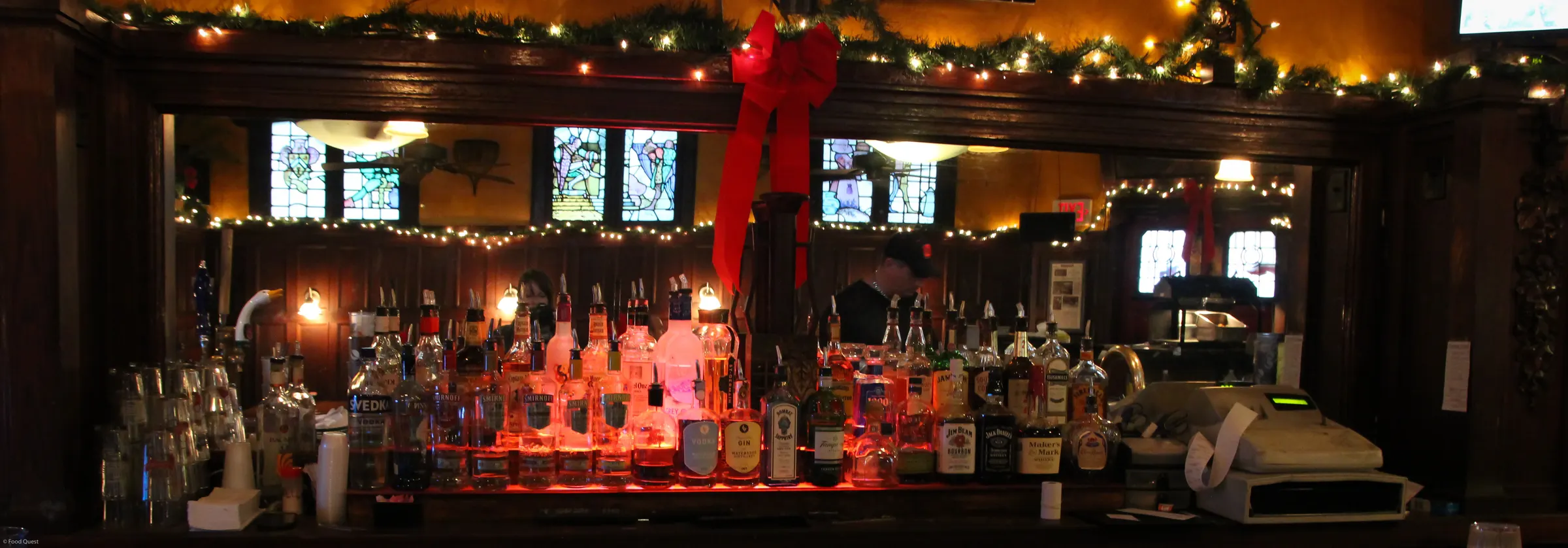 Back bar with stained glass windows at Ringside Café