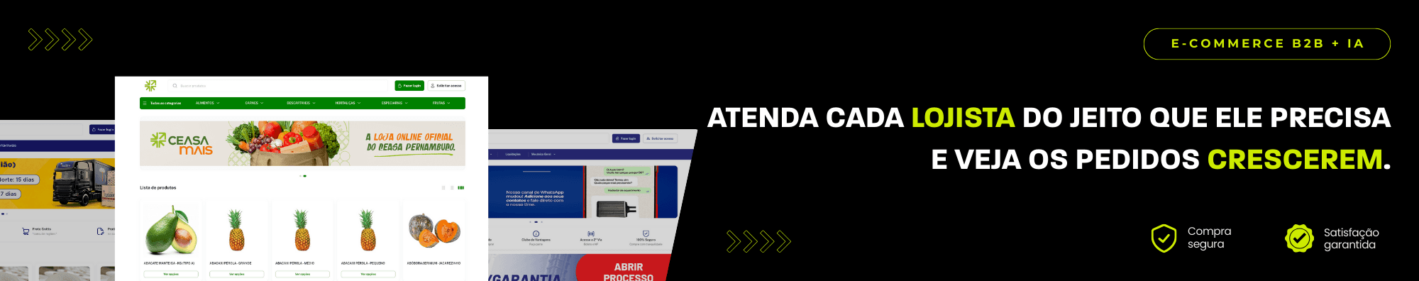 Banner horizontal com fundo escuro, ícones de segurança e satisfação, e imagens de lojas B2B exibidas à esquerda. Elementos gráficos em verde destacam o tema de e-commerce B2B com IA.