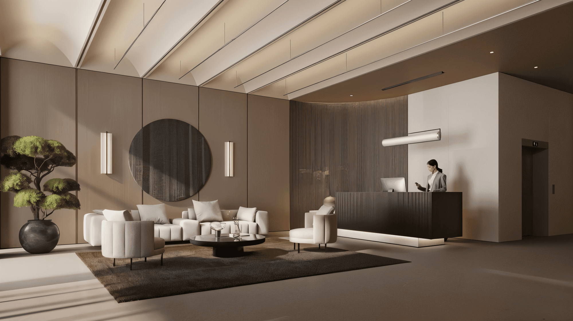 Elegant lobby of a luxury apartment building featuring modern decor and a welcoming atmosphere.