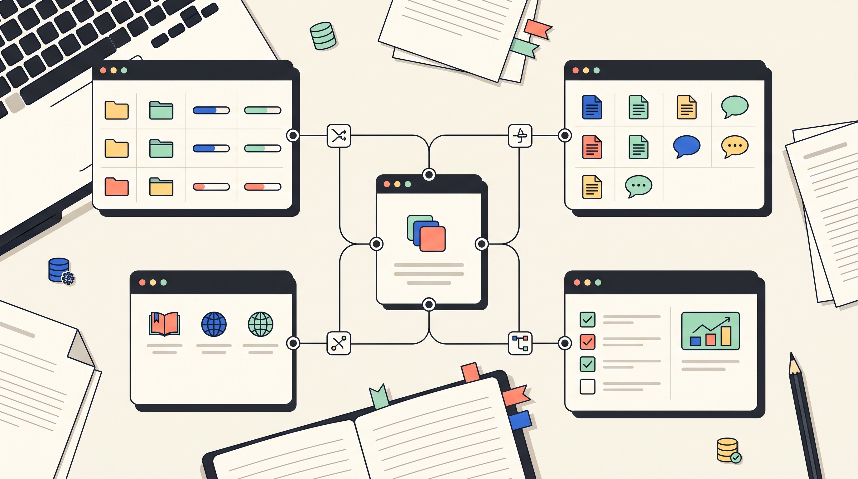 Connected Notion research workspace with project, source, note, and task databases