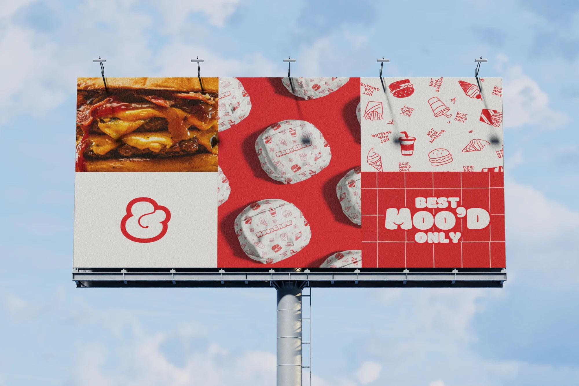 A high-impact fast-food billboard advertisement by Studio Liminal featuring a burger photo, wrapped burgers, the brand pattern, a bold slogan, and the Moo and Chew logo.