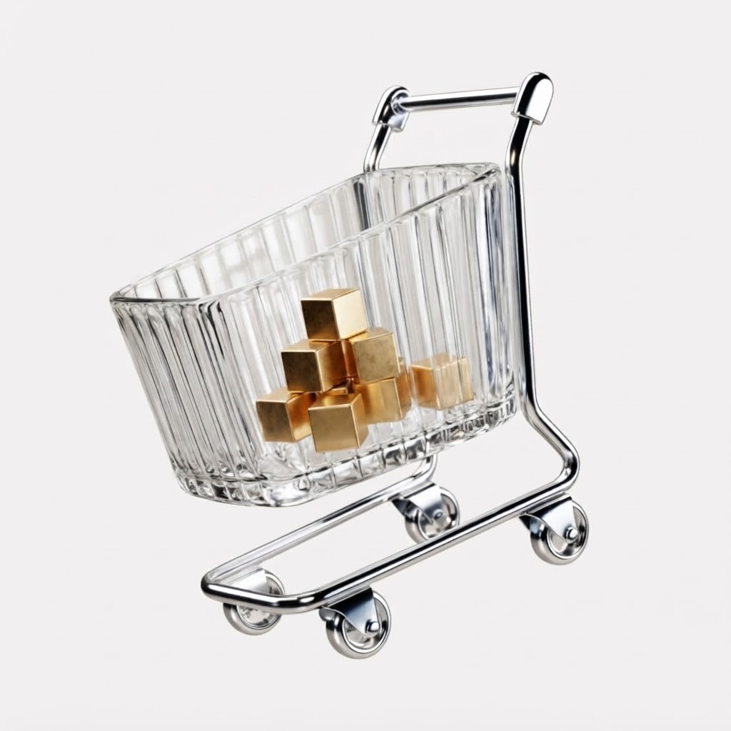 Transparent shopping cart holding stacked gold boxes.