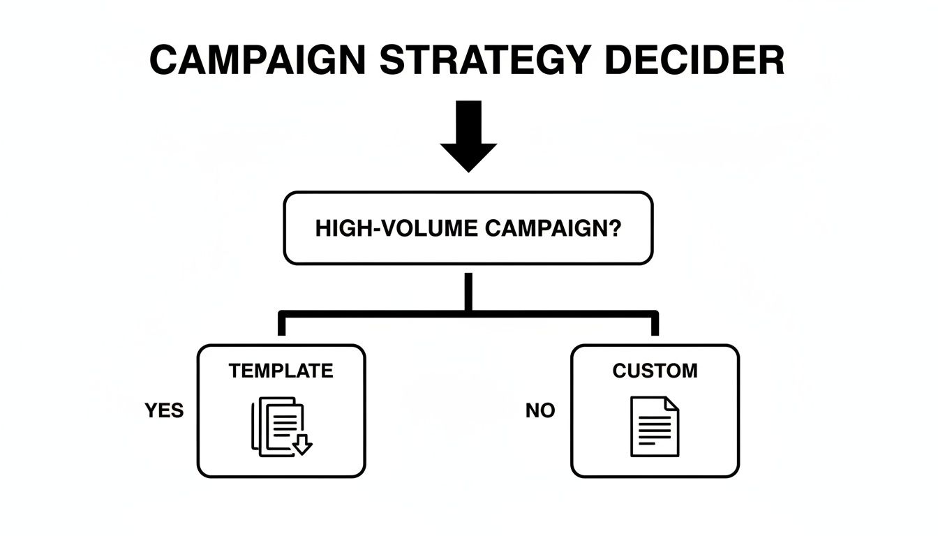 A flowchart for campaign strategy, deciding between template or custom based on high-volume.