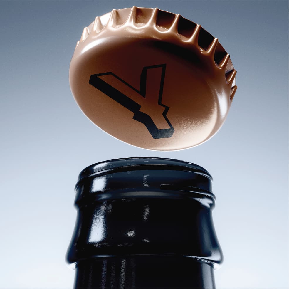 Brown bottlecap floating above the lid of a bottle, featuring a black Yeehop 'Y' letter mark on a light blue background.