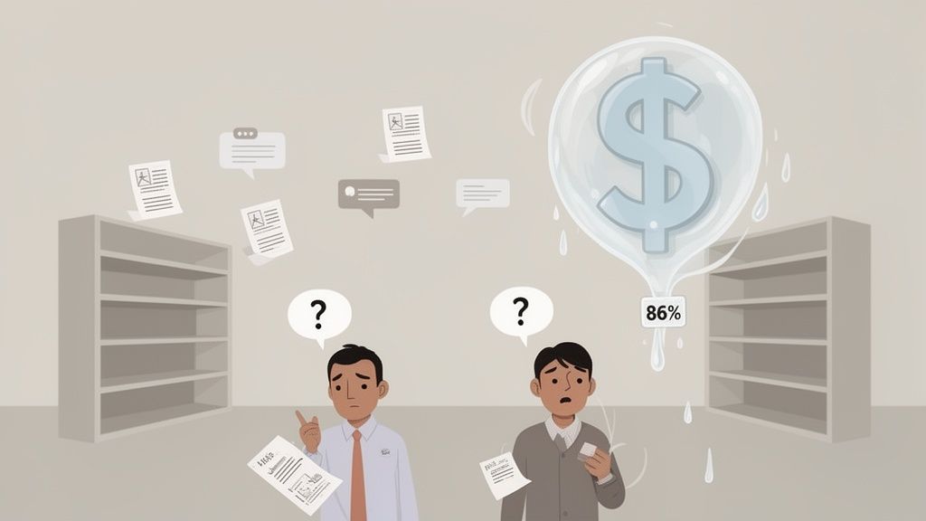 Two confused men face overwhelming information and empty shelves, while a dollar sign bubble leaks 86%.