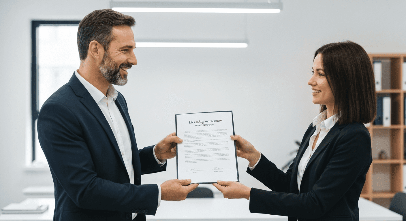 Businesspeople exchanging licensing agreement