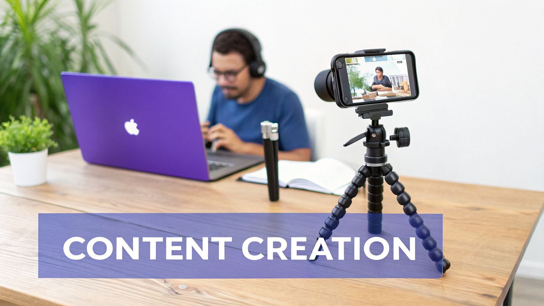 Person creating video content at home, using a laptop and smartphone on a tripod.