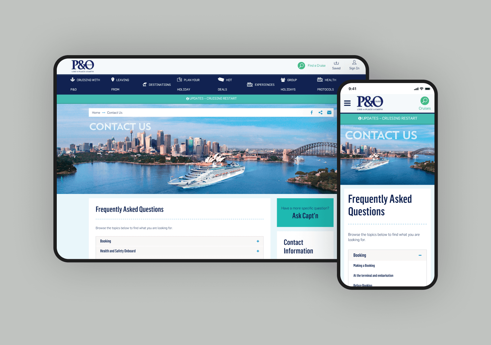 Mobile and desktop screens of successful redesign of P&O’s contact us page