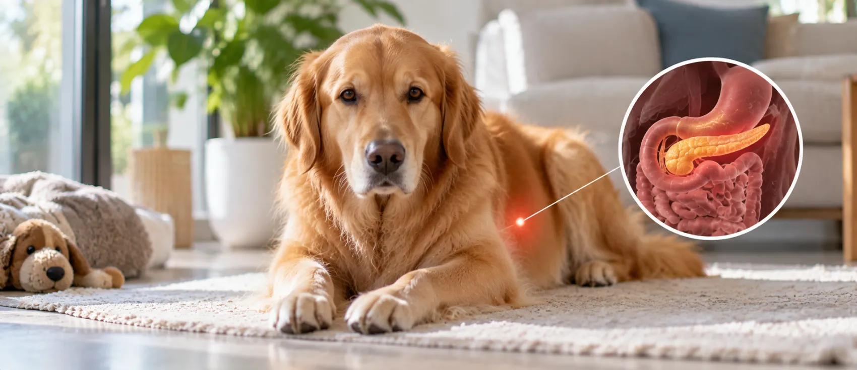 A Golden Retriever lying on a rug, with an inset illustration of the pancreas and digestive tract.