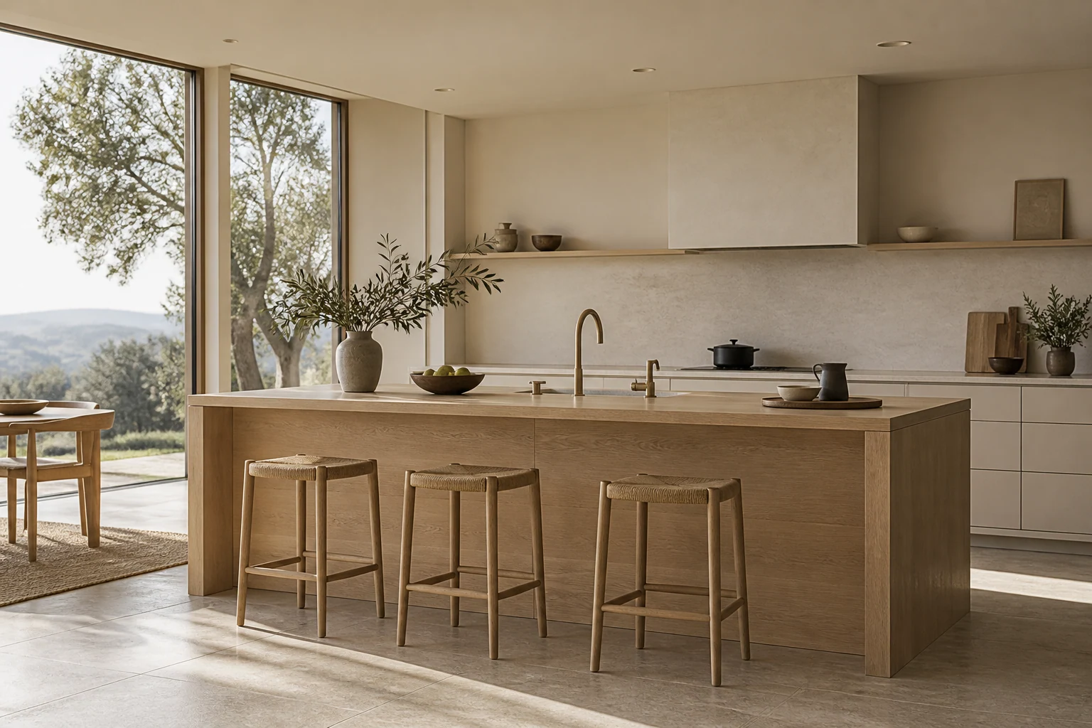 Imaginary minimalist oak kitchen island with pale cupboards and large windows, warm white walls and carefully recessed lights