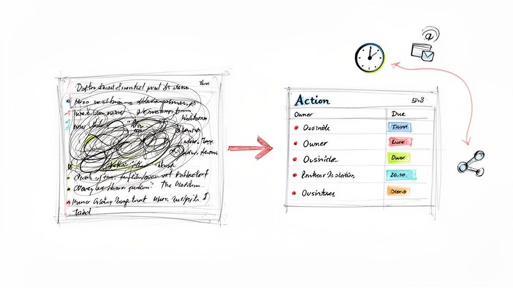 A messy handwritten note transforms into an organized digital action list with due dates and sharing.