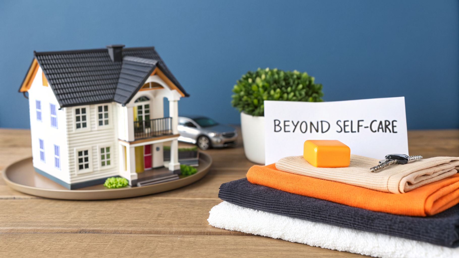 Miniature house, car, plant, and 'Beyond Self-Care' sign on a wooden table, representing daily living.