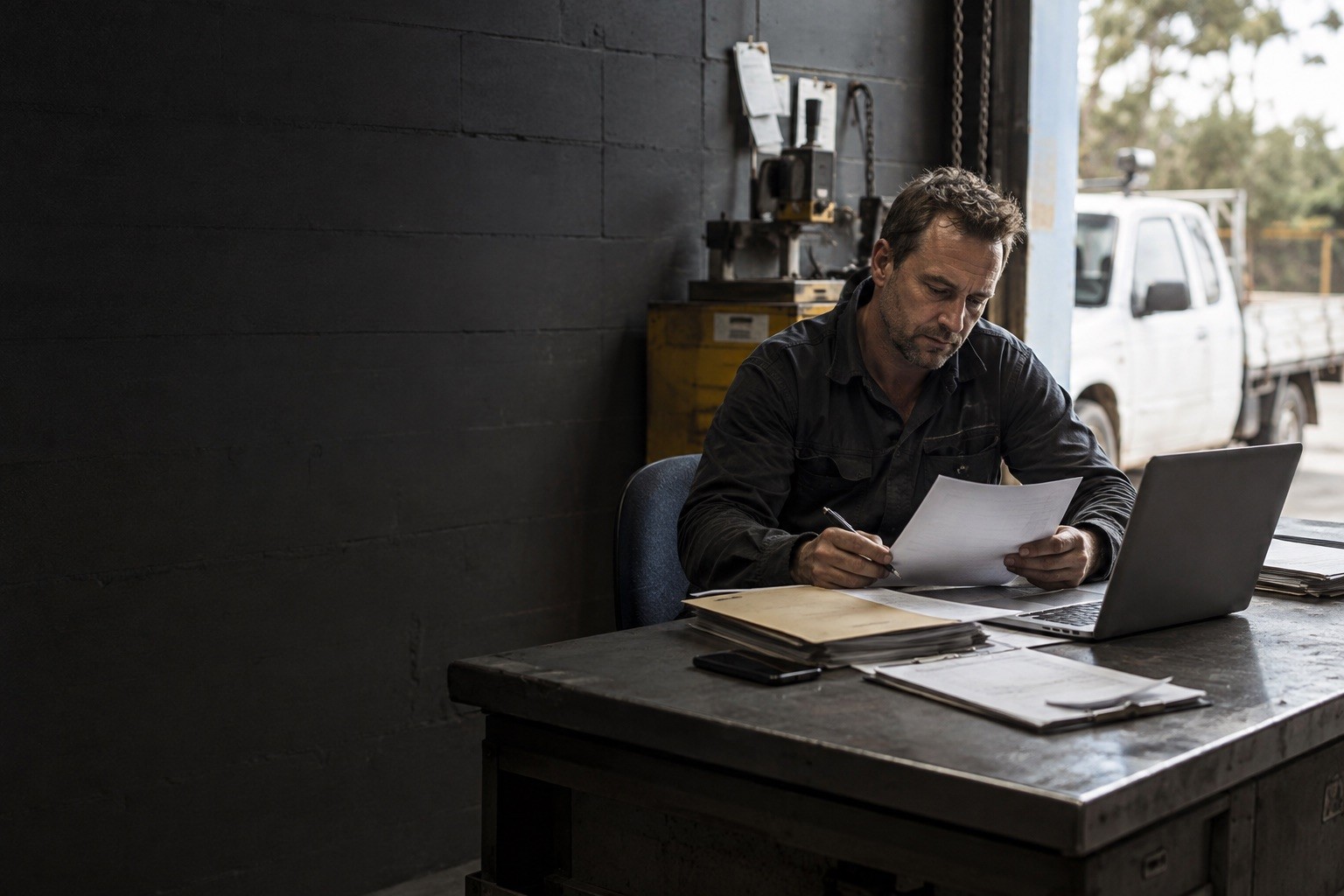 A trade business owner sorting paperwork after the working day
