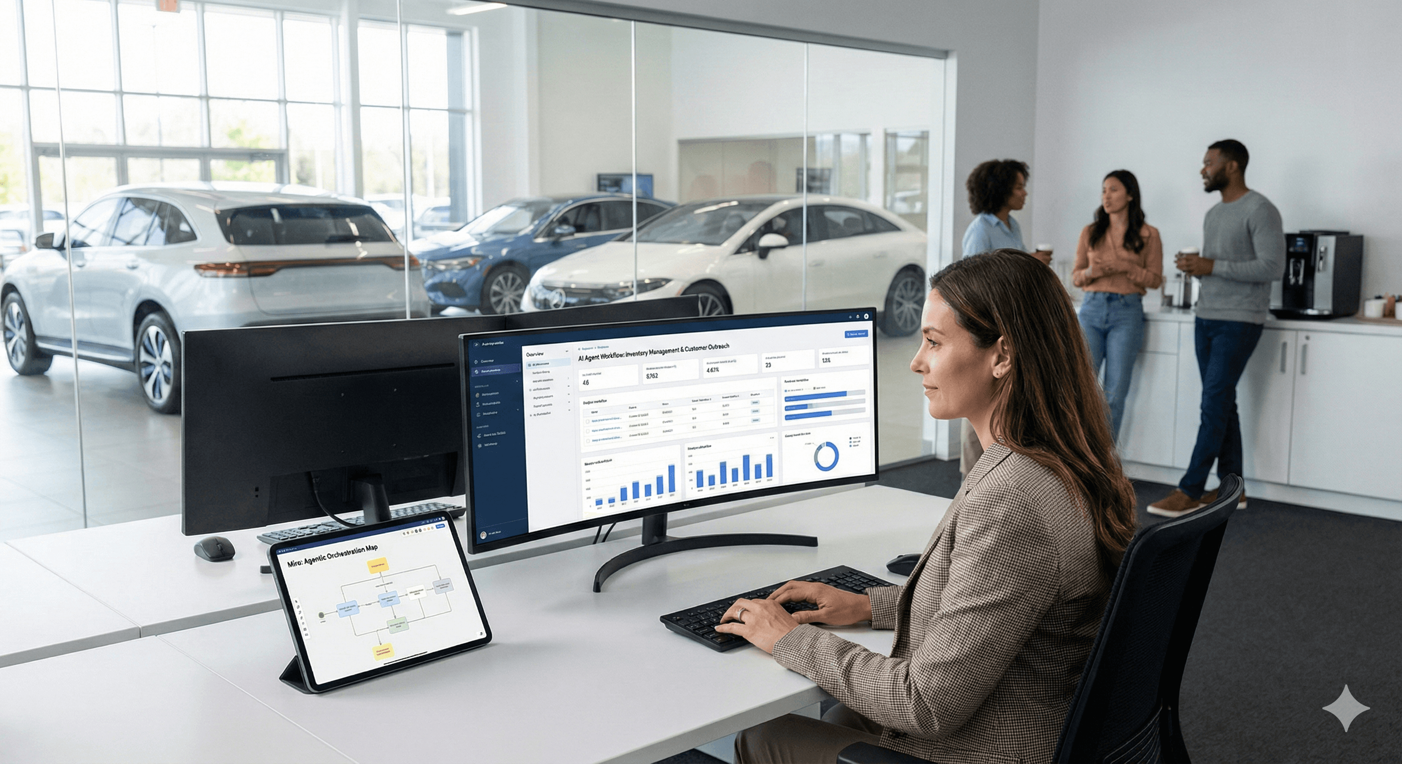 A group of professionals collaborates in a modern office, engaging with a Miro network diagram displayed on a large digital whiteboard, surrounded by technology equipment and servers.