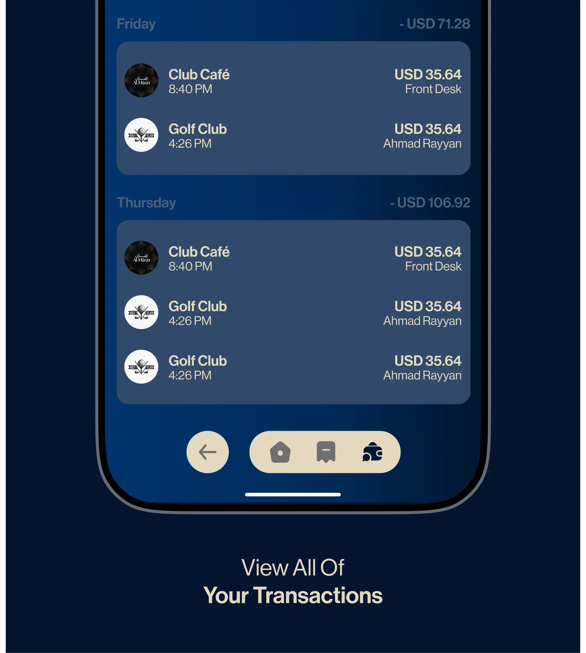 VRYFI NOW consumer app transaction feed showing real-time charges with amounts and vendor details