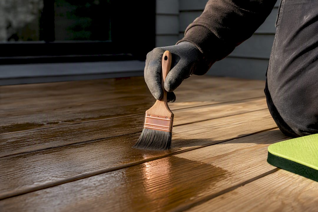 Applying protective sealant along deck grain