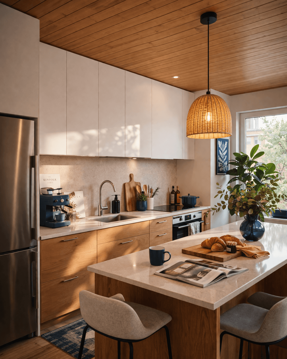 Modern kitchen with a wooden dining table, white chairs, and a hanging light fixture above.