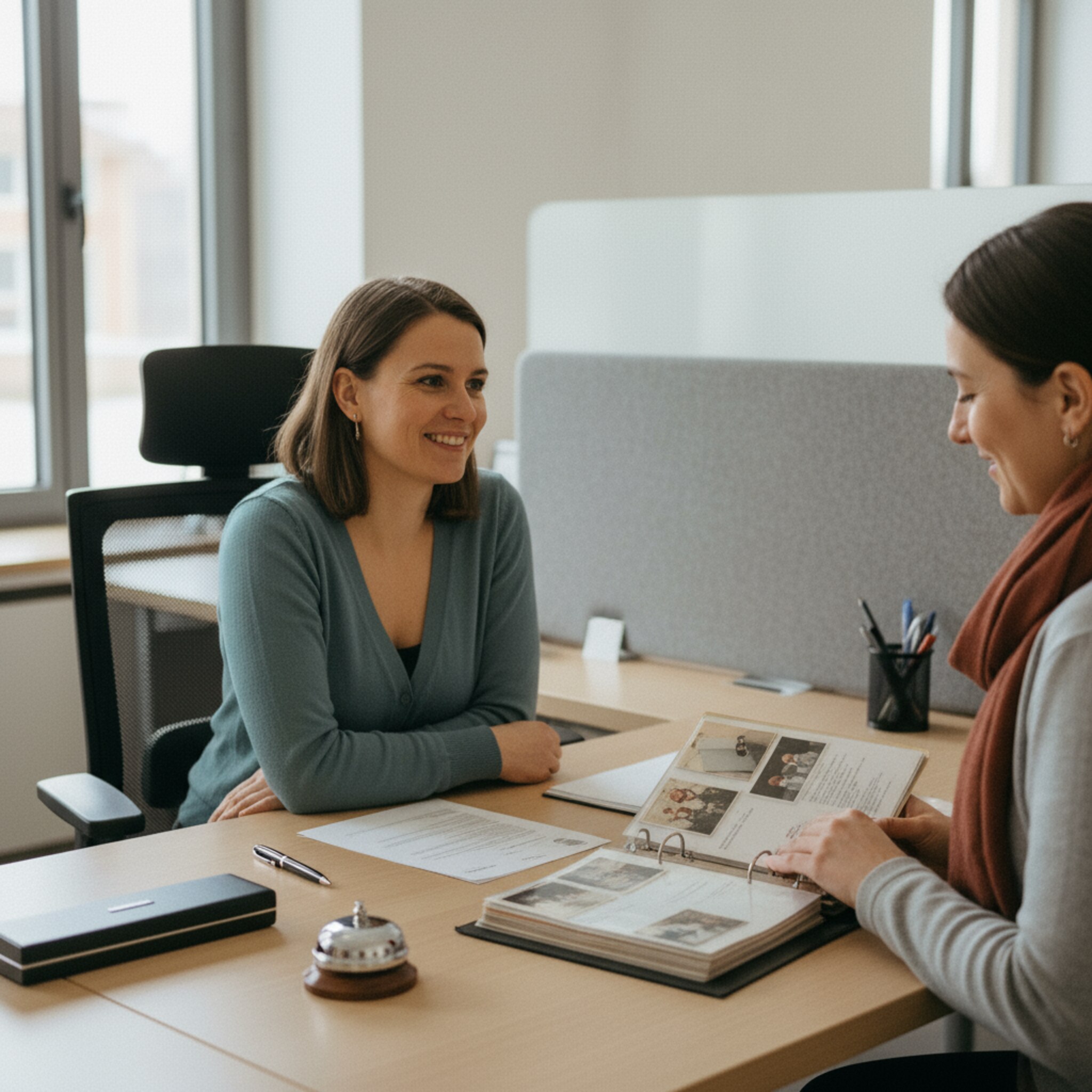 Am Schalter beugt sich eine Sachbearbeiterin freundlich vor, während eine Bürgerin ihren Ordner öffnet und Fotos sowie Formulare zeigt. Zwischen ihnen liegt ein neutraler Arbeitsbereich mit Stempel und Stiftebox. Das Gespräch ist ruhig, konzentriert und lösungsorientiert. Im Hintergrund deuten diskrete Trennwände weitere Arbeitsplätze an.