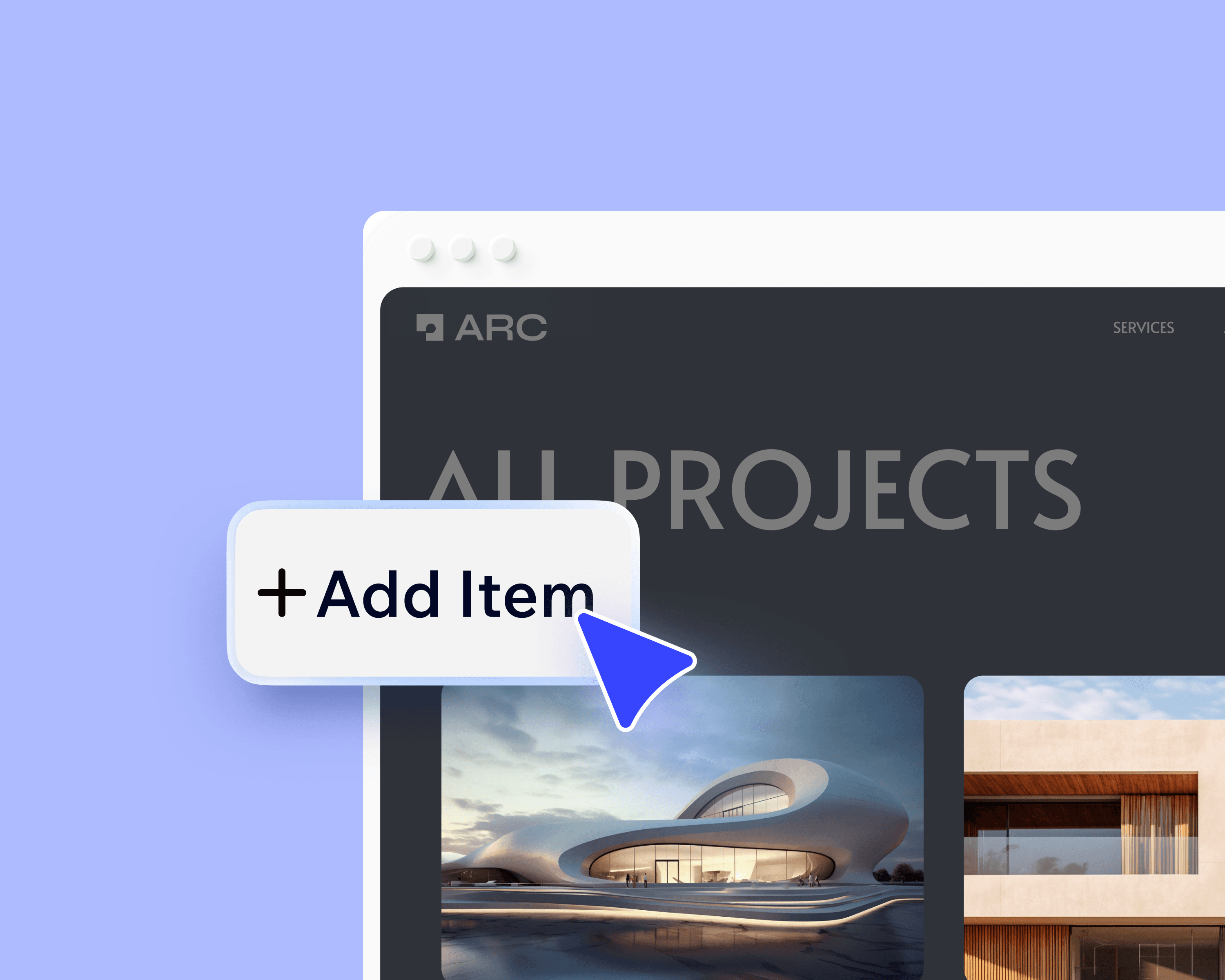 Browser mockup displaying a landing page design for an architecture projects platform