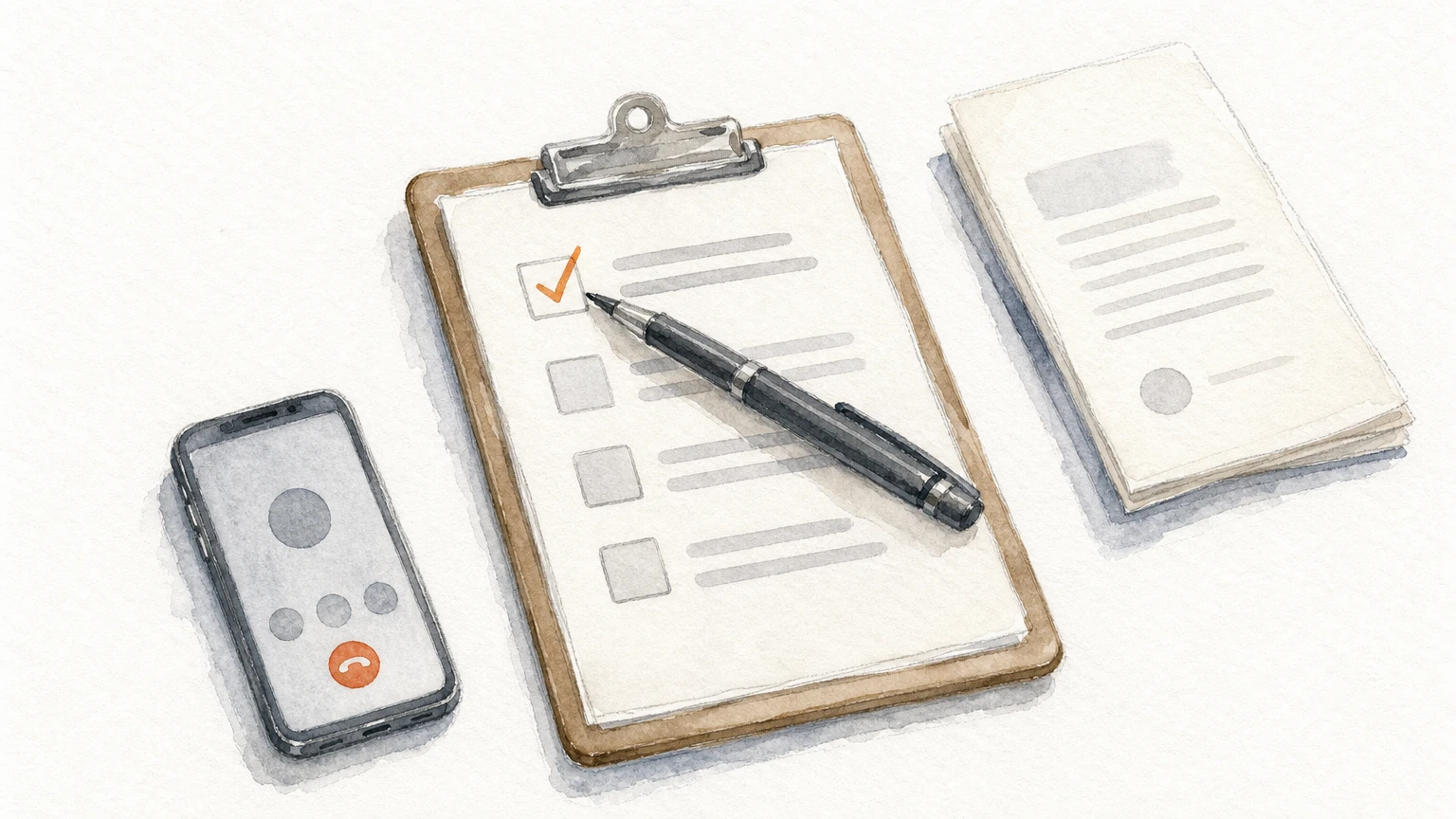Desk with a clipboard shortlist, pen, phone call and contract for vetting an email agency.