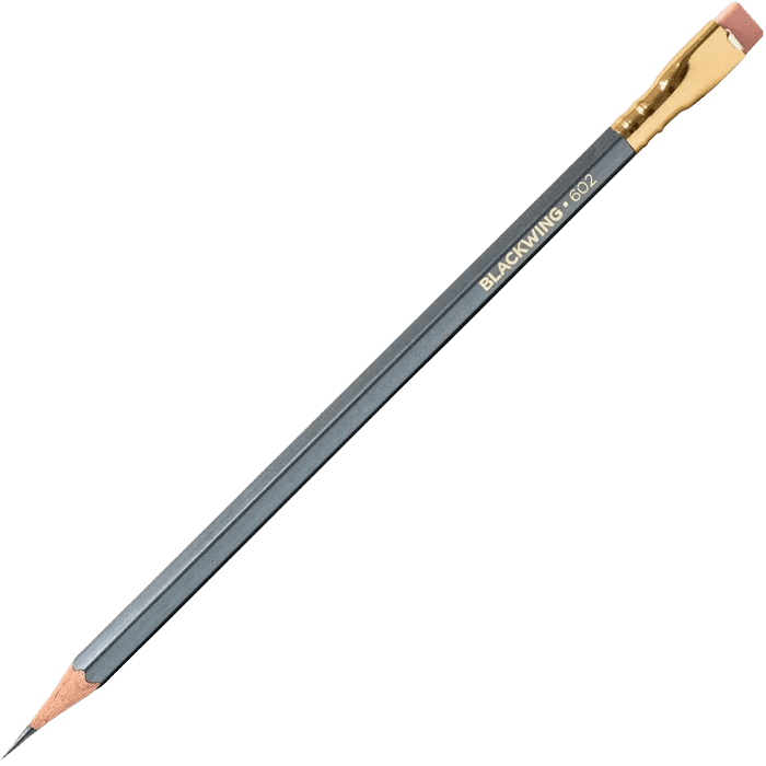 Blackwing 602 graphite pencil, a grey hexagonal pencil with gold trim and a flat pink eraser, sharpened.