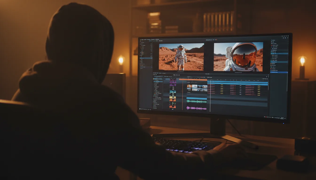 Over-the-shoulder DSLR photograph of a video editor working at a desk in a dimly lit room with cinematic contrast and warm, low-key lighting. The central focus is a large computer monitor displaying a professional non-linear video editing software (NLE) in dark mode. The software interface features a complex timeline with video clips and audio waveforms below two preview windows showing footage of an astronaut on a barren, Mars-like planet. The editor in the foreground and the background environment are softly blurred, creating a shallow depth of field and a moody, focused atmosphere.