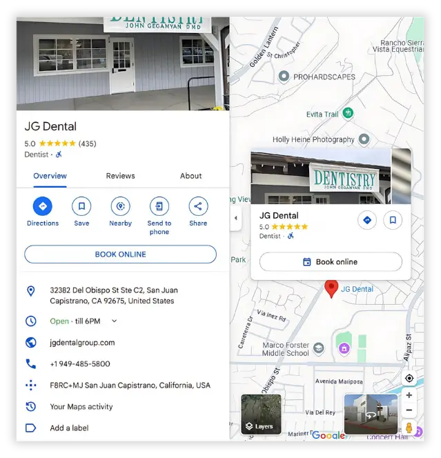 JG Dental map listing with rating, address, hours, and booking option