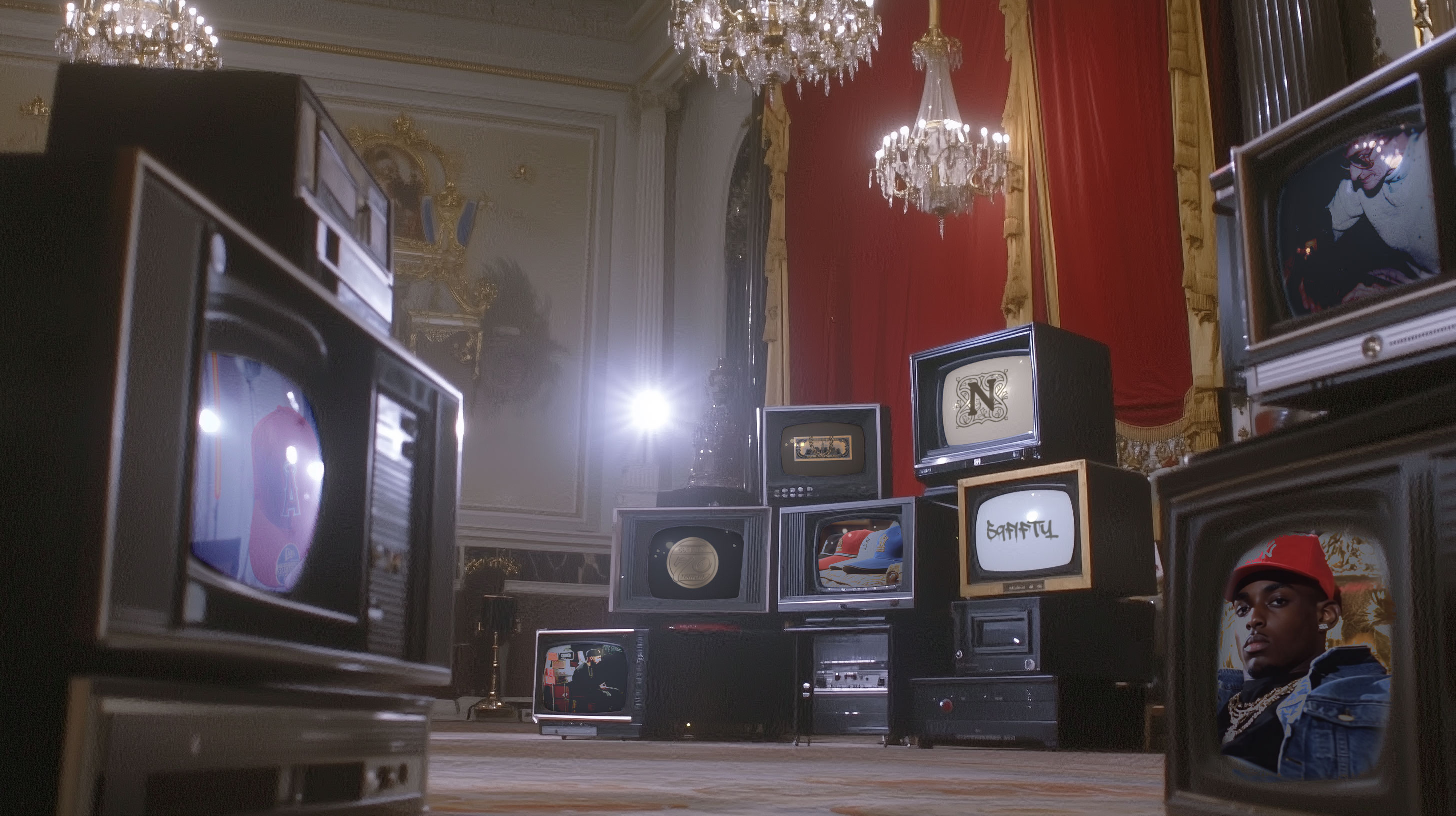 Vintage television sets arranged across an opulent event space displaying archival footage