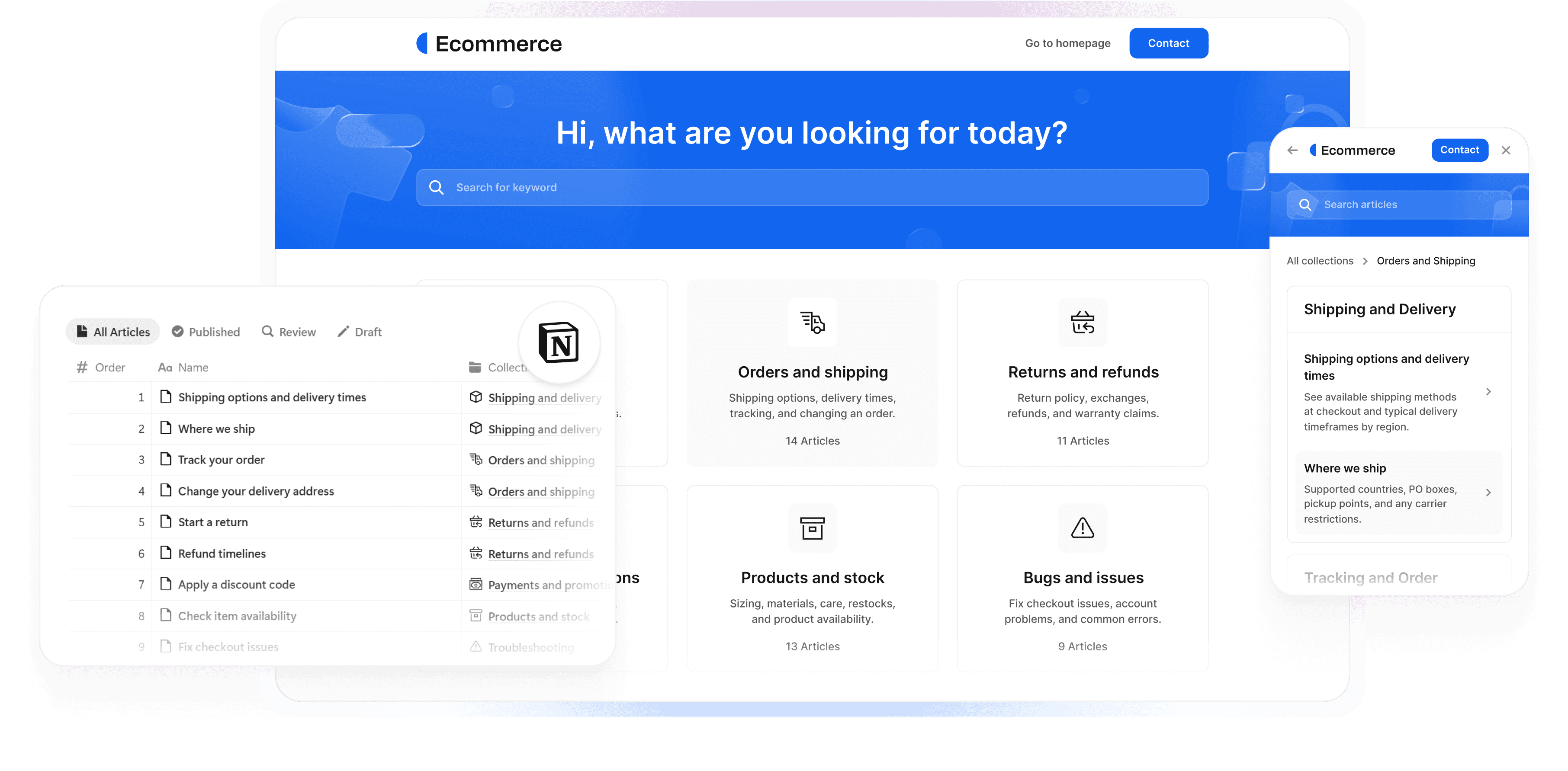 Ecommerce help center built from a Notion workspace showing orders, shipping, returns, and support articles.