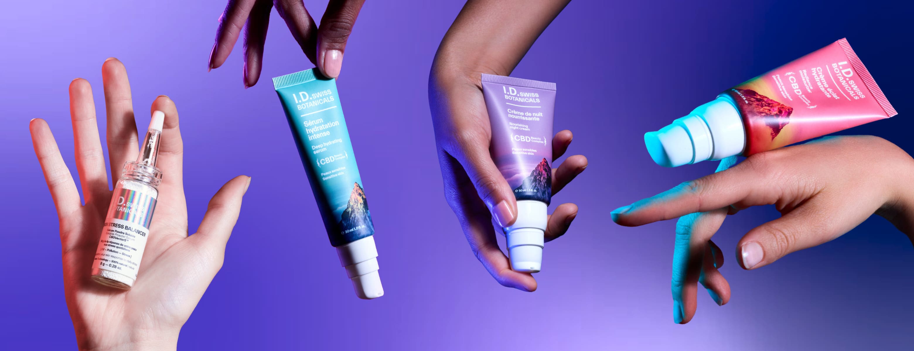 I.D. Swiss Botanicals skincare campaign visual featuring multiple products held in hands with vibrant gradient lighting expressing premium brand identity