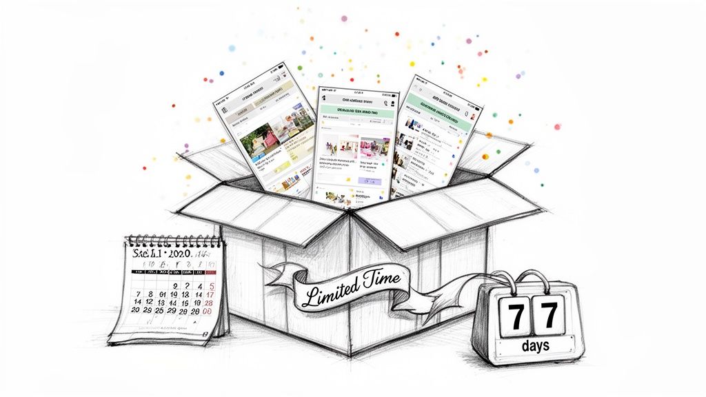 A hand-drawn sketch illustrating a limited-time product bundle offer with mobile apps, a calendar, and a 77-day countdown.
